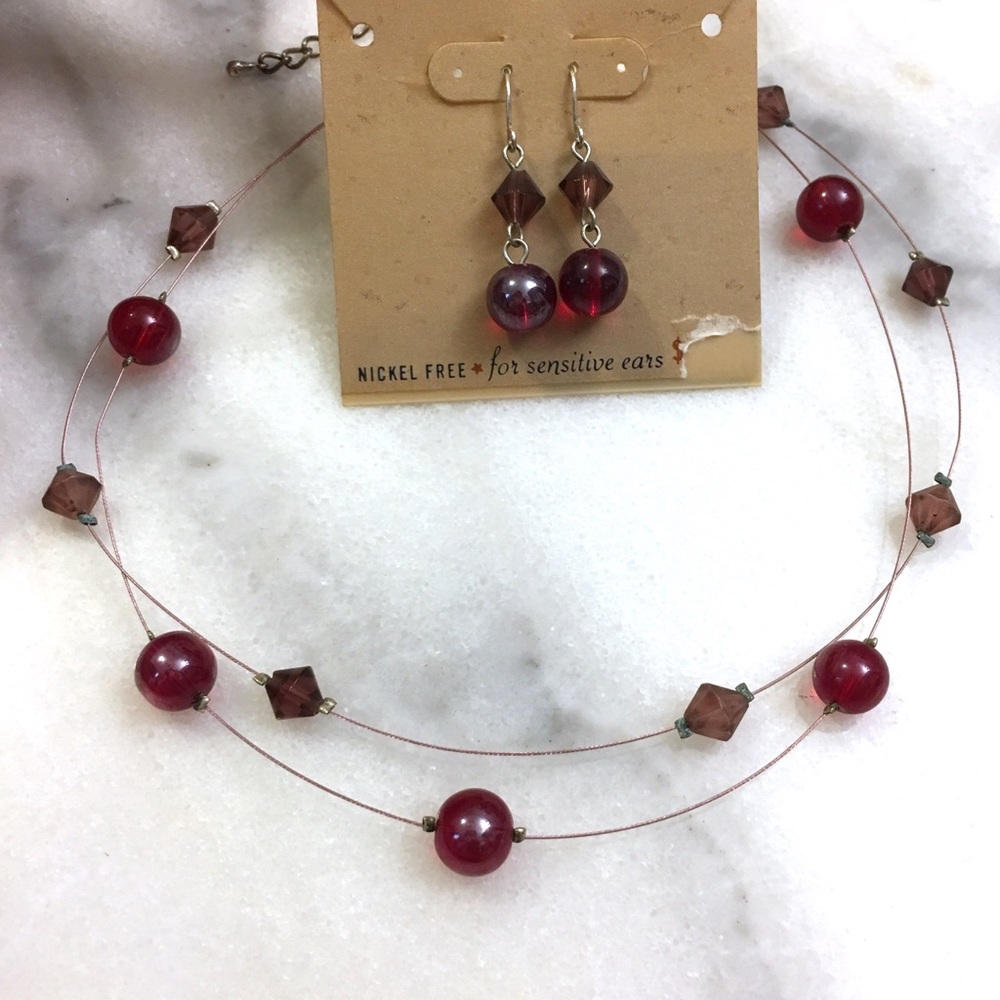 Cherokee Women’s Red Beaded String Necklace and Long Dangle Drop Earrings Set
